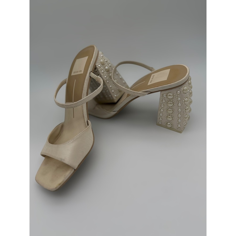 Dolce Vita Kanika Pearl‎ Embellished Block Heel Sandals Ivory Cream Womens 7